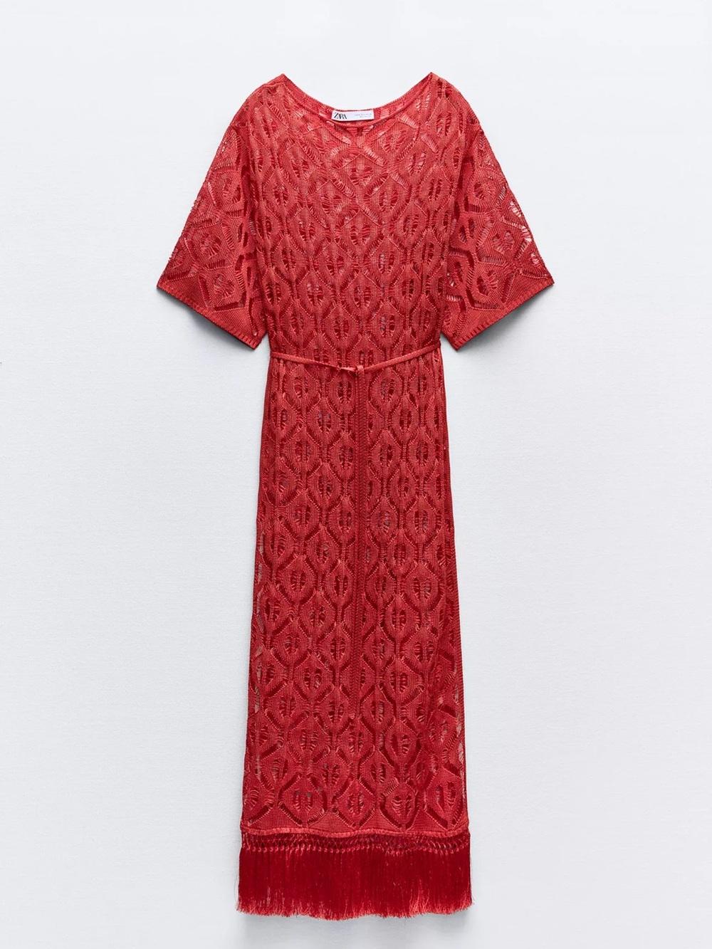 ZARA LONG FRINGED OPEN KNIT TUNIC DRESS RED NEW